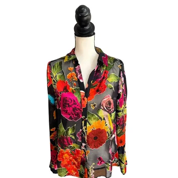 Alice + Olivia Women's Eloise Floral Silk Button Down Blouse Sheer L - Picture 2 of 8